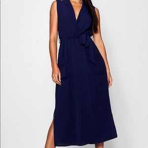 Boohoo navy blue Paige midi wrap dress NNT
